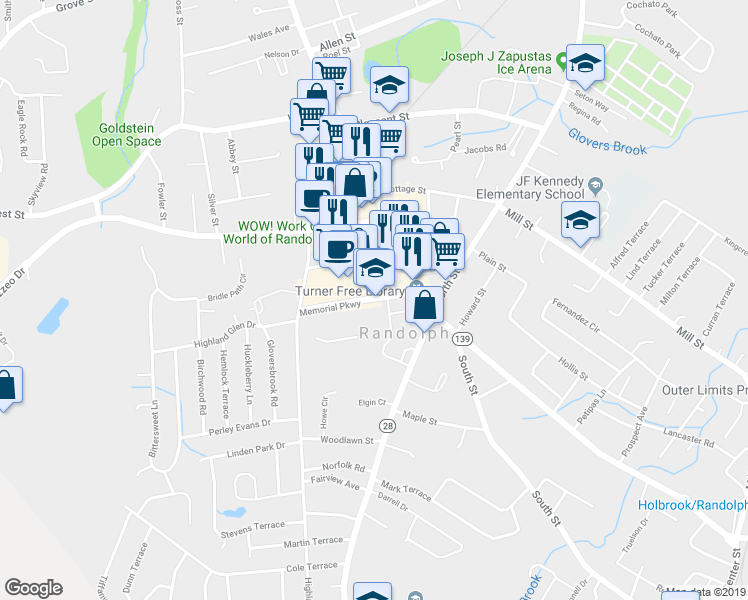 map of restaurants, bars, coffee shops, grocery stores, and more near 51 Memorial Parkway in Randolph