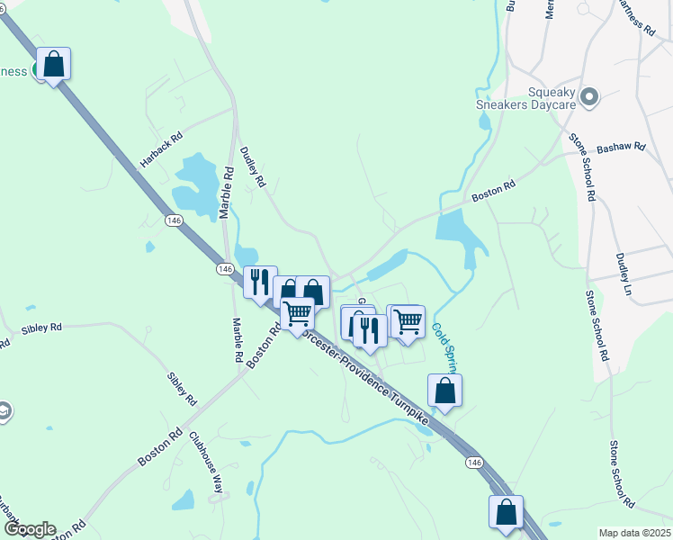 map of restaurants, bars, coffee shops, grocery stores, and more near 126 Boston Road in Sutton