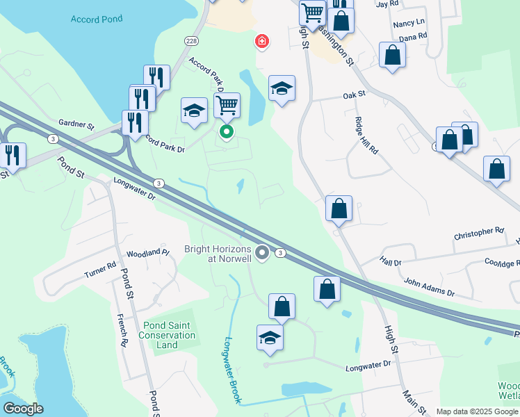 map of restaurants, bars, coffee shops, grocery stores, and more near 2 Cordwainer Drive in Norwell