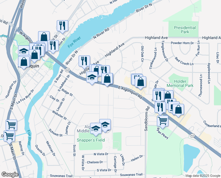 map of restaurants, bars, coffee shops, grocery stores, and more near 777 East Algonquin Road in Algonquin