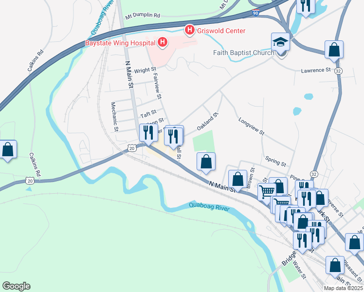 map of restaurants, bars, coffee shops, grocery stores, and more near 60 Randall Street in Palmer