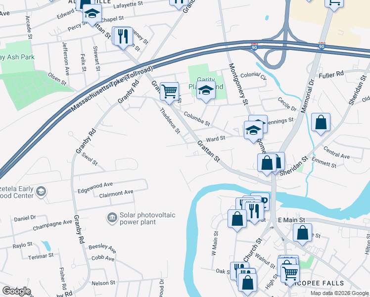 map of restaurants, bars, coffee shops, grocery stores, and more near 8 Thaddeus Street in Chicopee