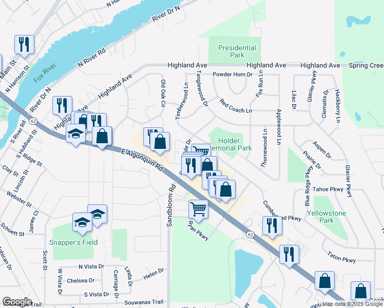 map of restaurants, bars, coffee shops, grocery stores, and more near 1040 Perry Drive in Algonquin