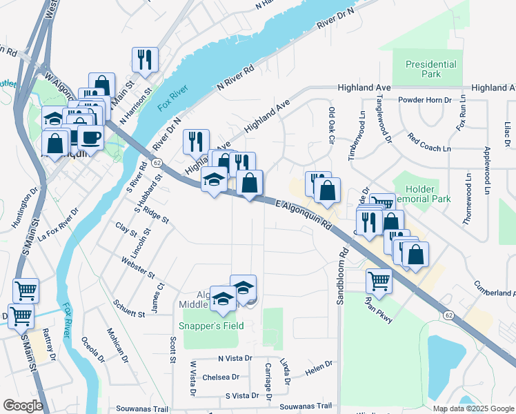 map of restaurants, bars, coffee shops, grocery stores, and more near 777 East Algonquin Road in Algonquin