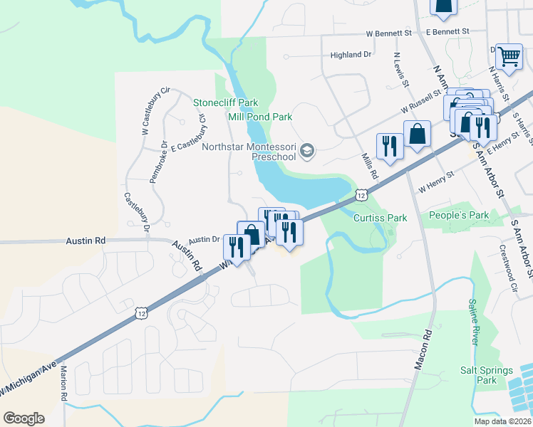 map of restaurants, bars, coffee shops, grocery stores, and more near 170 Whitlock Street in Saline