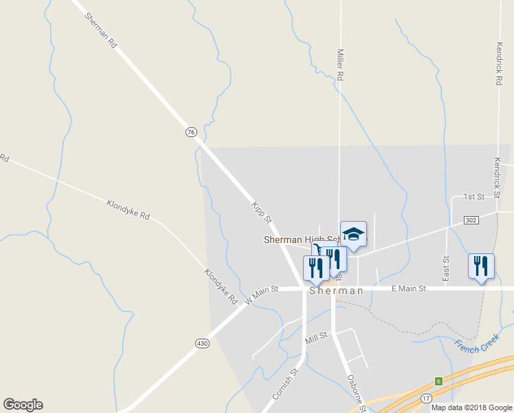 map of restaurants, bars, coffee shops, grocery stores, and more near 142 Kipp Street in Sherman
