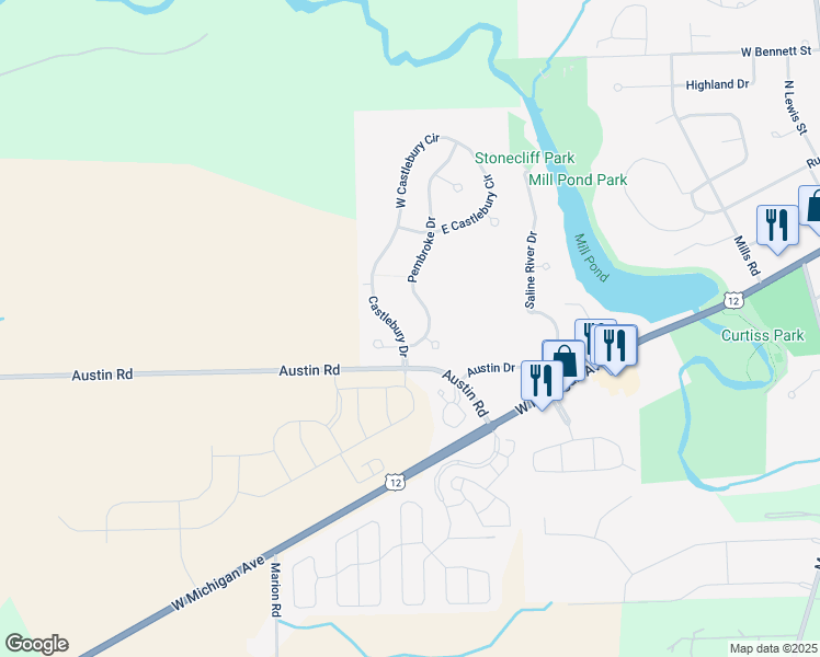 map of restaurants, bars, coffee shops, grocery stores, and more near 355 Pembroke Drive in Saline