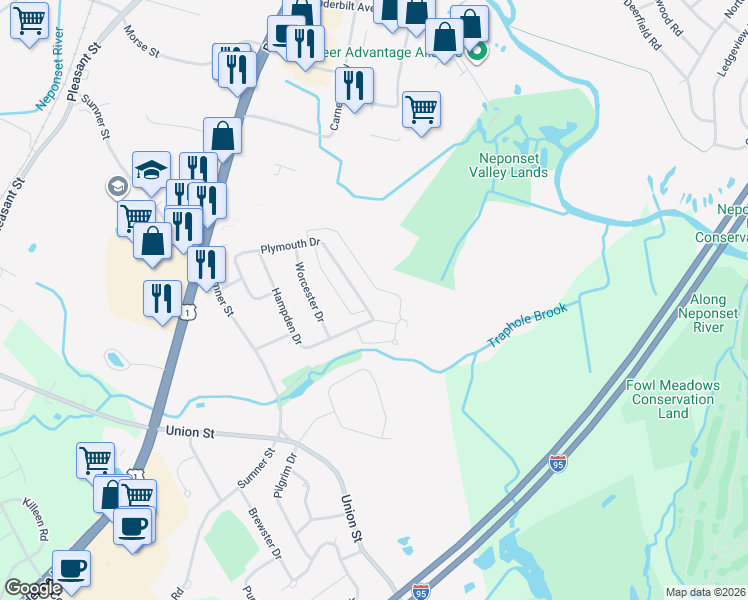 map of restaurants, bars, coffee shops, grocery stores, and more near 134 Plymouth Drive in Norwood