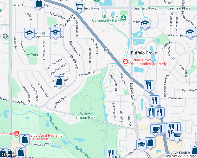 map of restaurants, bars, coffee shops, grocery stores, and more near 600 Farrington Drive in Buffalo Grove