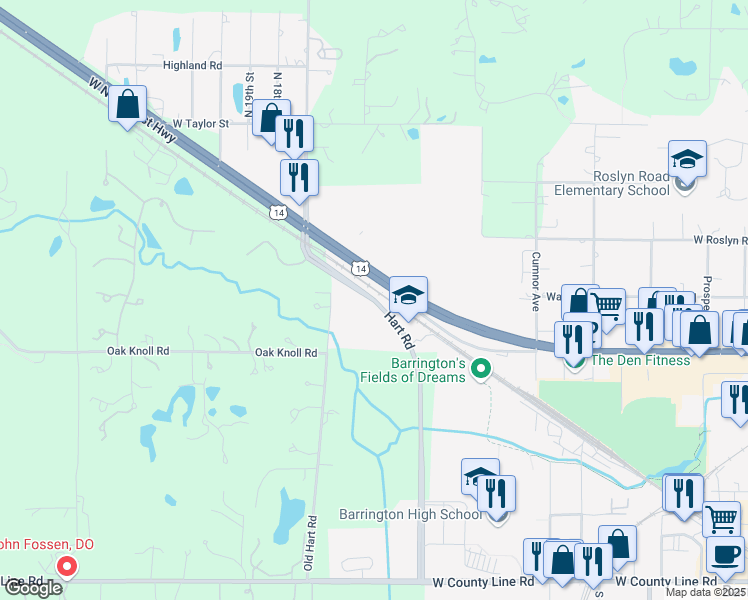 map of restaurants, bars, coffee shops, grocery stores, and more near 800 Hart Road in Barrington