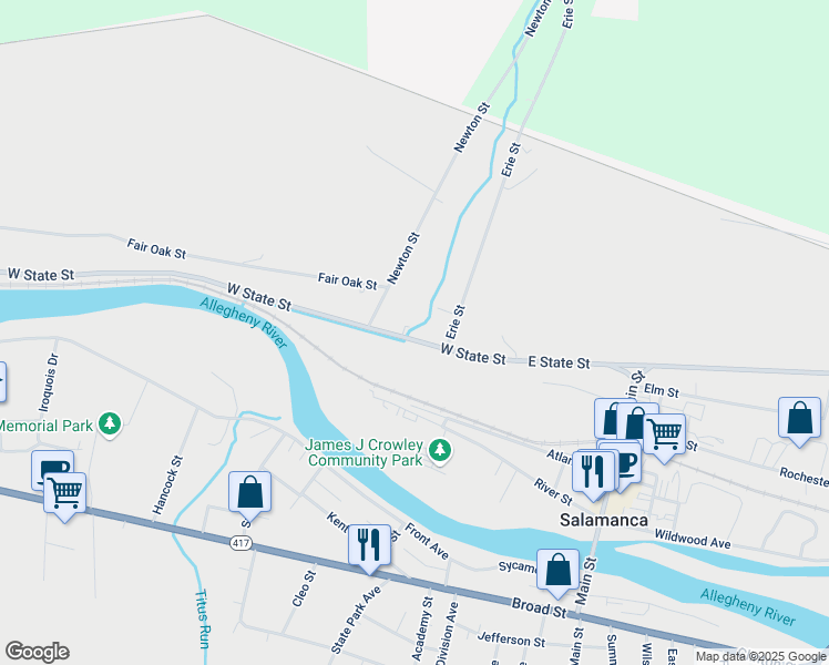 map of restaurants, bars, coffee shops, grocery stores, and more near 268 West State Street in Salamanca