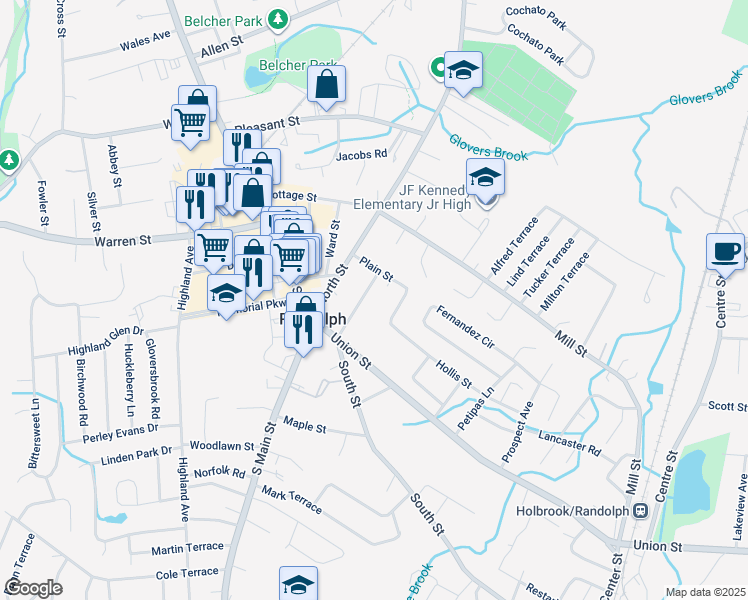 map of restaurants, bars, coffee shops, grocery stores, and more near 51 Howard Street in Randolph