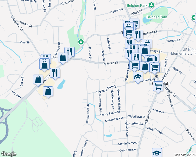 map of restaurants, bars, coffee shops, grocery stores, and more near 51 Bridle Path Circle in Randolph