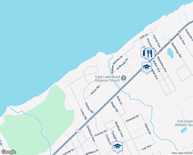 map of restaurants, bars, coffee shops, grocery stores, and more near 4331 E South Shore Dr N in Erie
