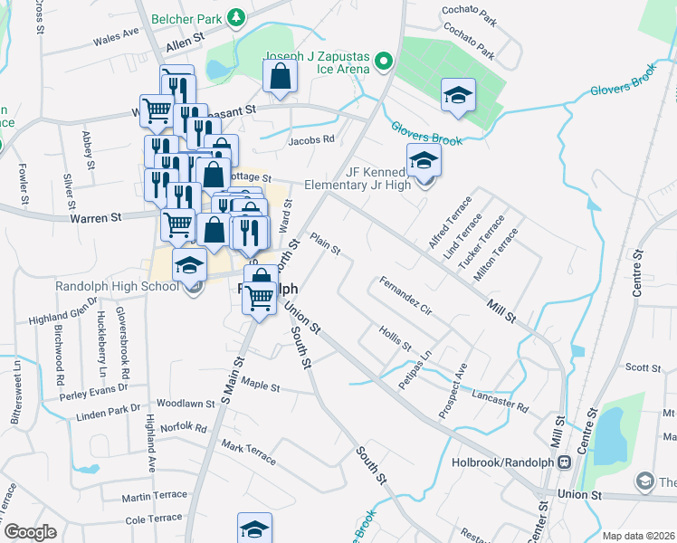 map of restaurants, bars, coffee shops, grocery stores, and more near 51 Howard Street in Randolph