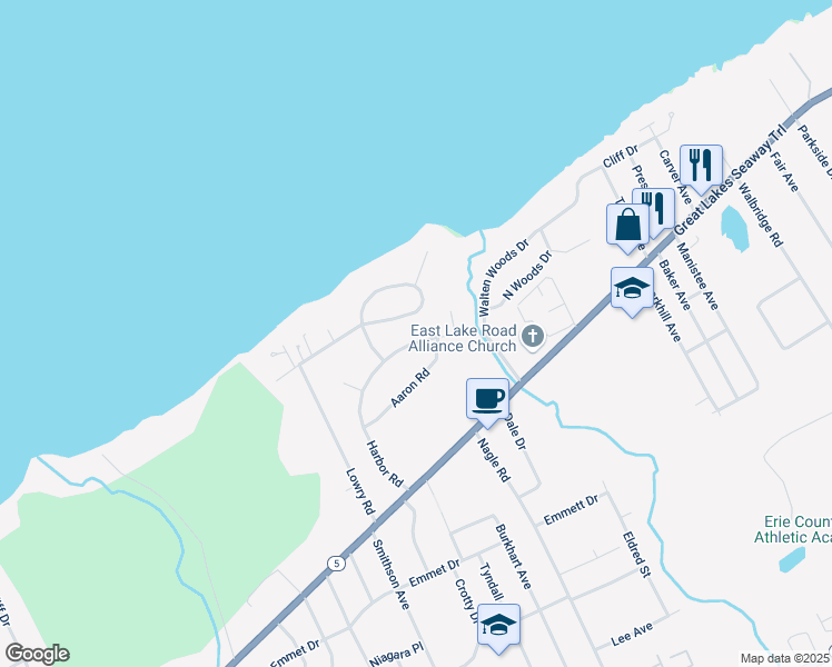 map of restaurants, bars, coffee shops, grocery stores, and more near 4331 E South Shore Dr N in Erie