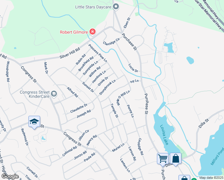 map of restaurants, bars, coffee shops, grocery stores, and more near 12 Stoney Brook Lane in Milford