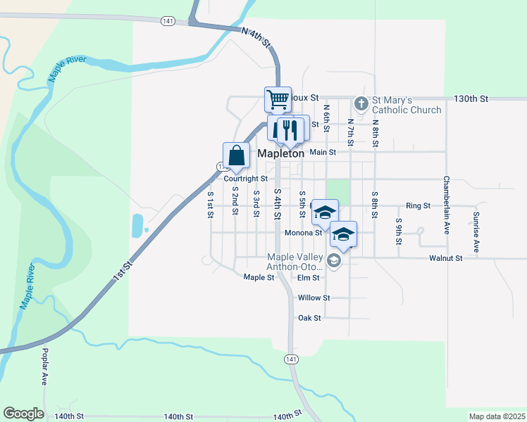 map of restaurants, bars, coffee shops, grocery stores, and more near 200-298 South 3rd Street in Mapleton