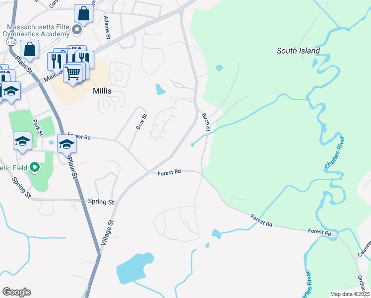 map of restaurants, bars, coffee shops, grocery stores, and more near 88 Village Street in Millis
