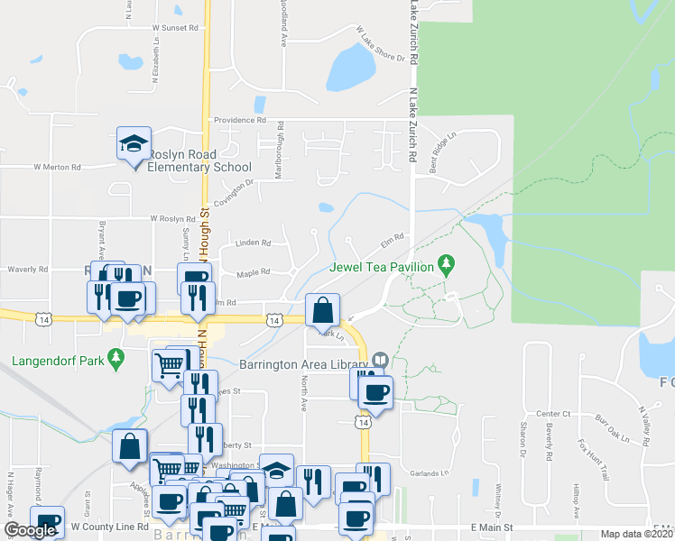 map of restaurants, bars, coffee shops, grocery stores, and more near 506 Elm Road in Barrington