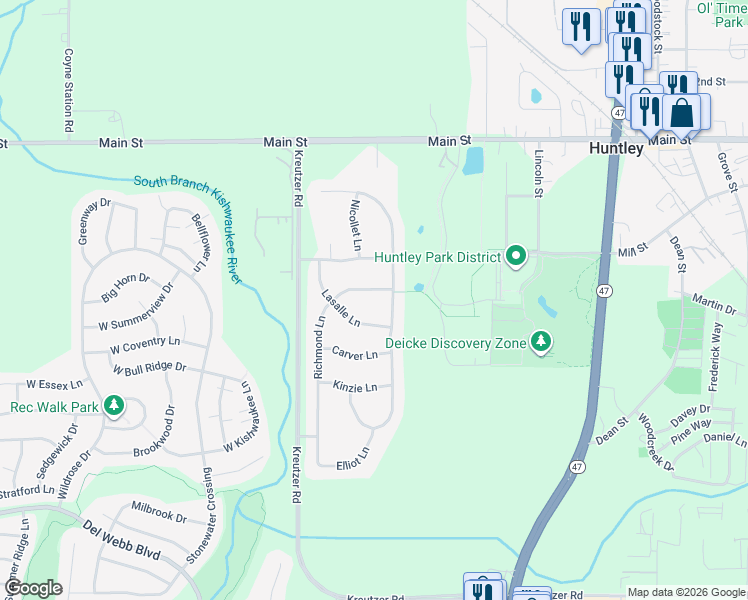 map of restaurants, bars, coffee shops, grocery stores, and more near 11434 Richmond Lane in Huntley