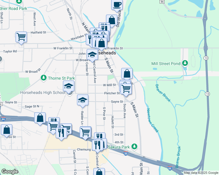 map of restaurants, bars, coffee shops, grocery stores, and more near 601 North Pine Street in Horseheads