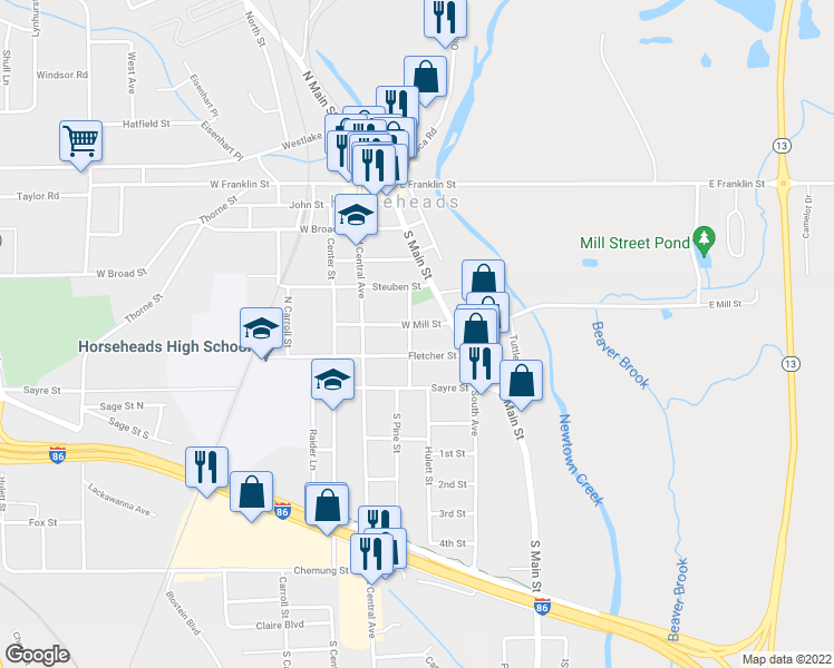 map of restaurants, bars, coffee shops, grocery stores, and more near 601 North Pine Street in Horseheads