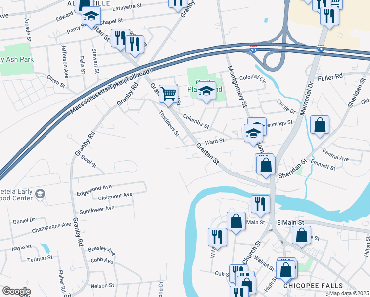 map of restaurants, bars, coffee shops, grocery stores, and more near 125 Ward Street in Chicopee