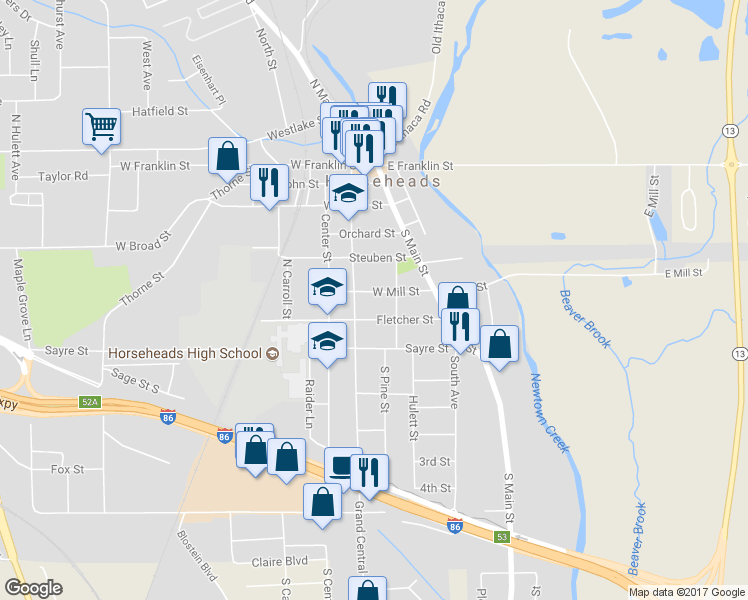 map of restaurants, bars, coffee shops, grocery stores, and more near 207 W Mill St in Horseheads