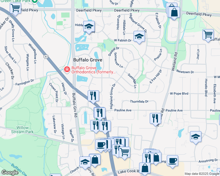 map of restaurants, bars, coffee shops, grocery stores, and more near 3 Highland Grove Court South in Buffalo Grove