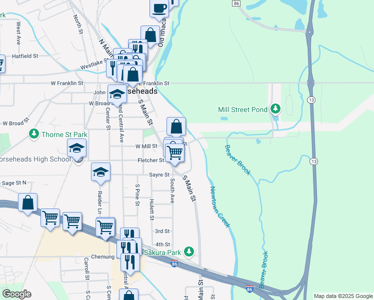 map of restaurants, bars, coffee shops, grocery stores, and more near 610 Tuttle Avenue in Horseheads