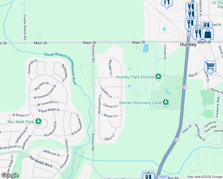 map of restaurants, bars, coffee shops, grocery stores, and more near 11434 Richmond Lane in Huntley