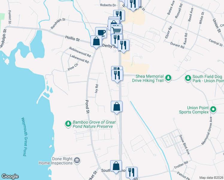 map of restaurants, bars, coffee shops, grocery stores, and more near 7 Woodcrest Court in Weymouth