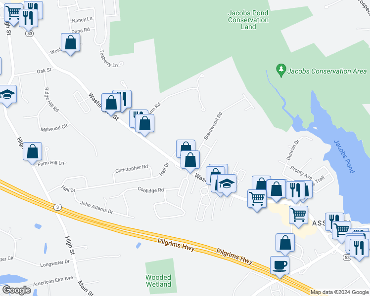 map of restaurants, bars, coffee shops, grocery stores, and more near 329 Washington Street in Norwell