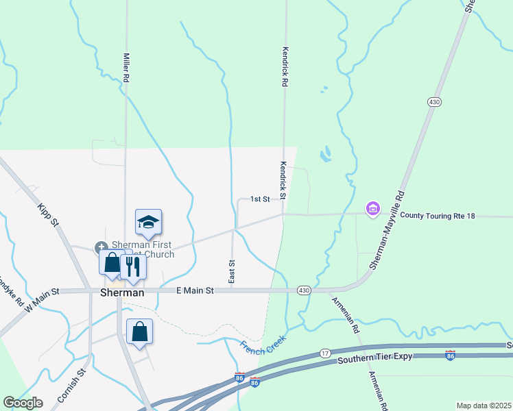 map of restaurants, bars, coffee shops, grocery stores, and more near 108 1st Street in Sherman