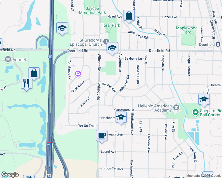 map of restaurants, bars, coffee shops, grocery stores, and more near 1520 Central Avenue in Deerfield