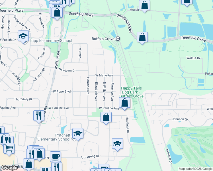 map of restaurants, bars, coffee shops, grocery stores, and more near 20663 North William Avenue in Lincolnshire