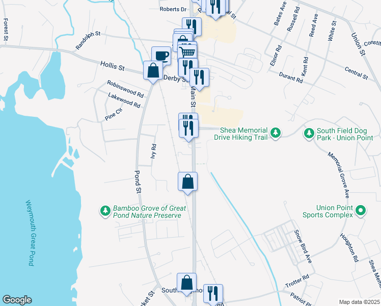 map of restaurants, bars, coffee shops, grocery stores, and more near 7 Woodcrest Court in Weymouth