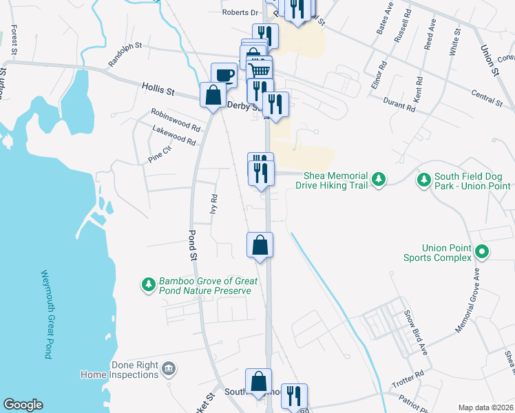 map of restaurants, bars, coffee shops, grocery stores, and more near 7 Woodcrest Court in Weymouth