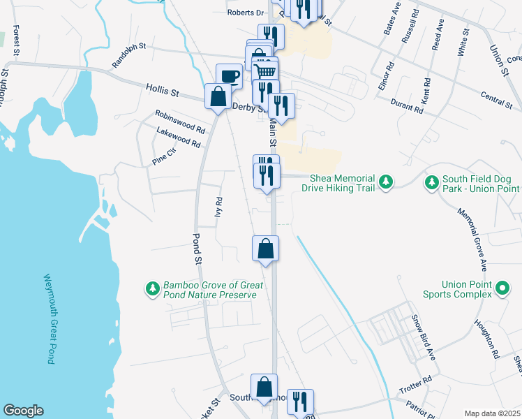 map of restaurants, bars, coffee shops, grocery stores, and more near 7 Woodcrest Court in Weymouth