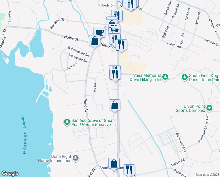 map of restaurants, bars, coffee shops, grocery stores, and more near 7 Woodcrest Court in Weymouth