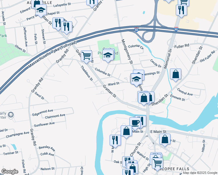 map of restaurants, bars, coffee shops, grocery stores, and more near 194 Grattan Street in Chicopee