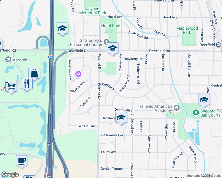 map of restaurants, bars, coffee shops, grocery stores, and more near 1520 Central Avenue in Deerfield