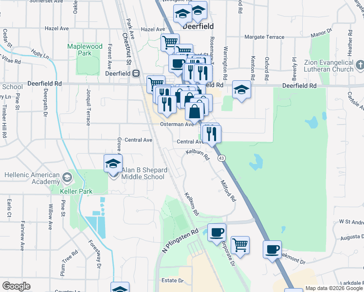 map of restaurants, bars, coffee shops, grocery stores, and more near 735 Central Avenue in Deerfield