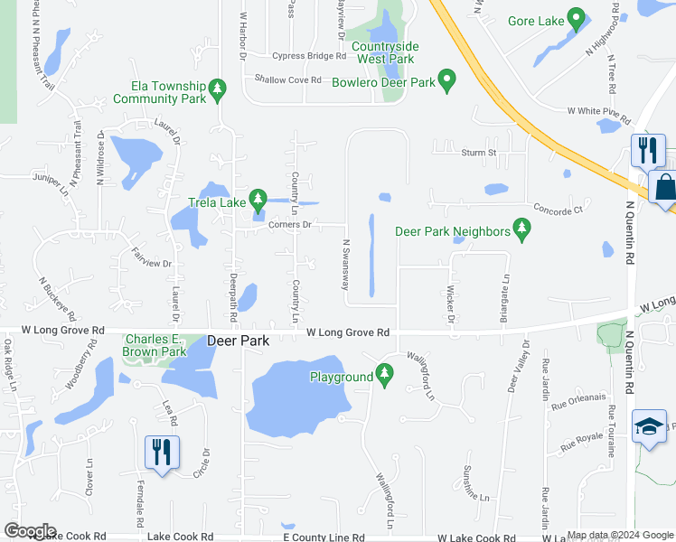 map of restaurants, bars, coffee shops, grocery stores, and more near 20650 Swansway in Deer Park