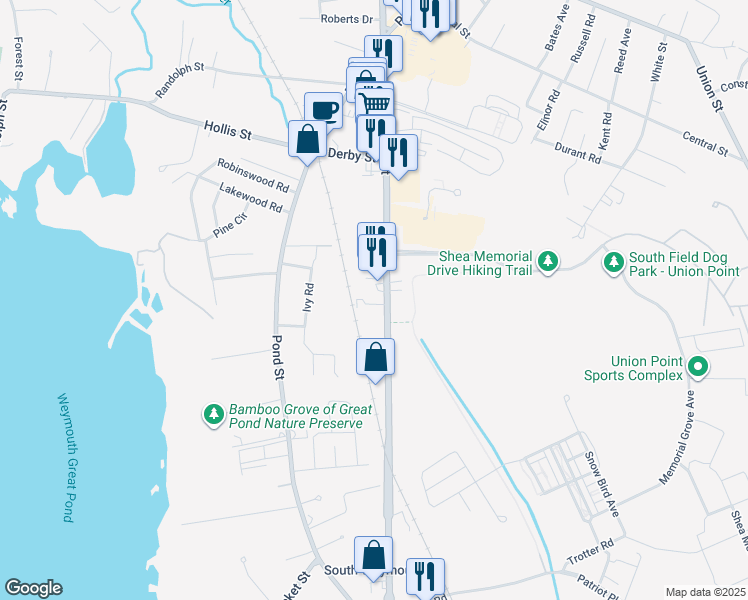 map of restaurants, bars, coffee shops, grocery stores, and more near 9 Woodcrest Court in Weymouth