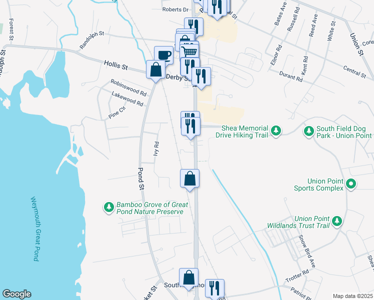 map of restaurants, bars, coffee shops, grocery stores, and more near 11 Woodcrest Court in Weymouth