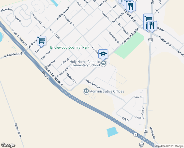map of restaurants, bars, coffee shops, grocery stores, and more near 254 Fairview Avenue West in Essex