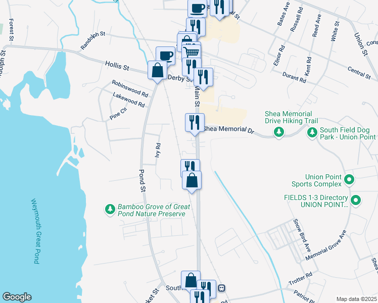 map of restaurants, bars, coffee shops, grocery stores, and more near 7 Woodcrest Court in Weymouth