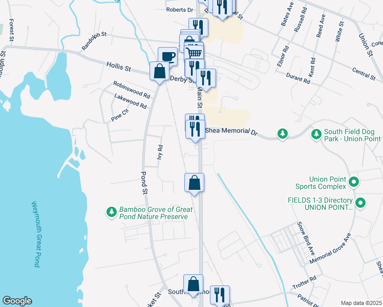 map of restaurants, bars, coffee shops, grocery stores, and more near 7 Woodcrest Court in Weymouth